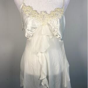 Floral Beaded White Linea Donatella Embroidered Ruffle Strappy Cami Mini Dress